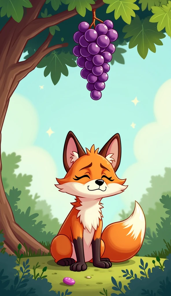The grapes are too high on a tree and The fox sits on the ground, looking exhausted. He sighs deeply and then gets up to leave.
Make as a cartoon