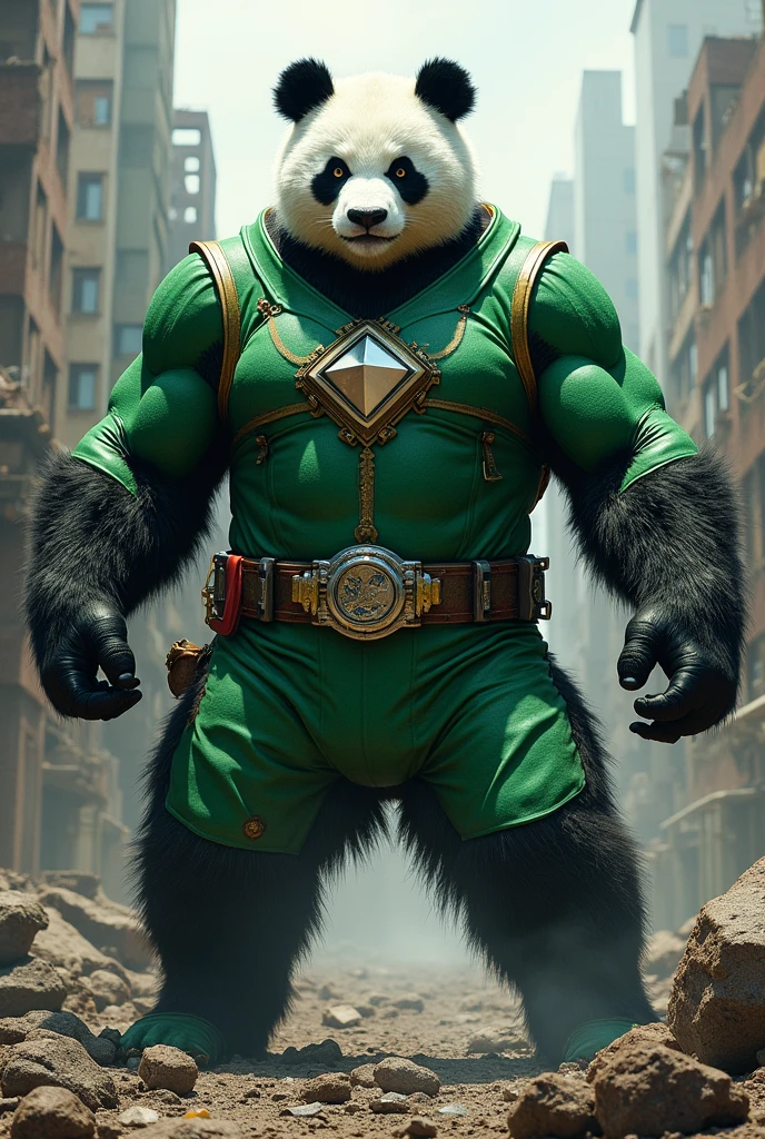 A Giant Panda dressed as a Green Power Ranger holding the Morpher