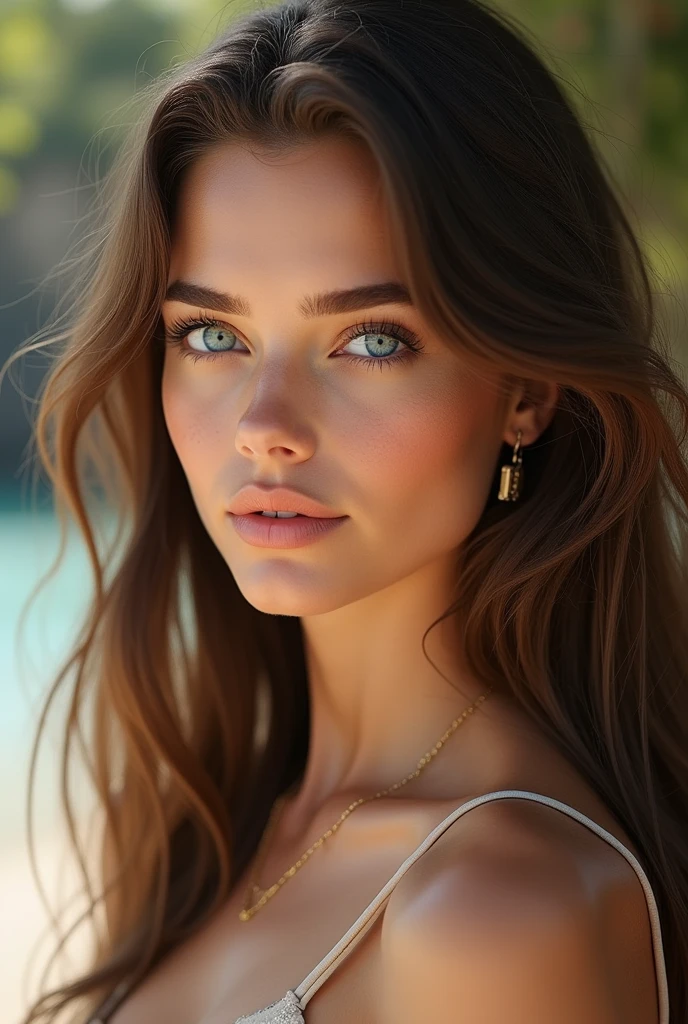 An ultra beautiful woman with blue eyes and brown hair is realistic