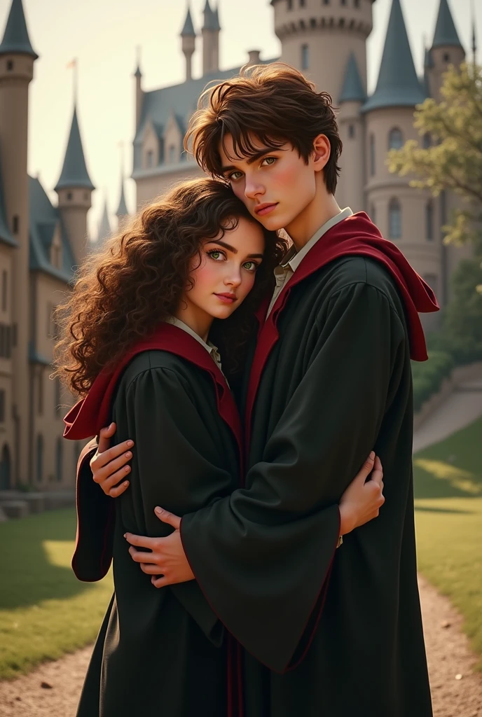 Please make a curly haired girl with green eyes, Brunette with a Hogwarts robe next to a boy taller than her had light brown hair with dark brown eyes and an intimidating look , in a Hogwarts robe hugging each other