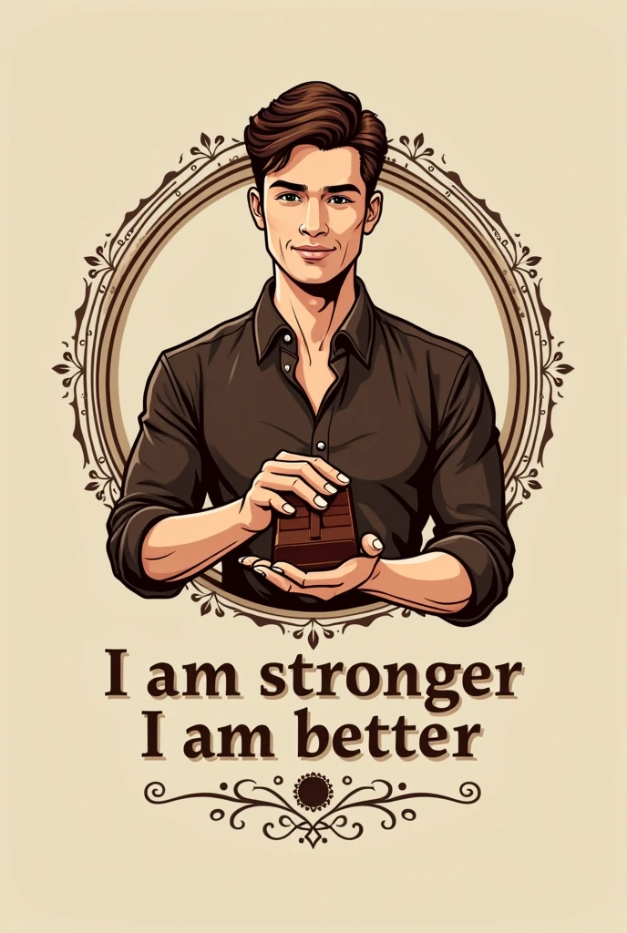 Create a logo for my chocolate company with a young man holding chocolate in a classic style and with a text that says "I am stronger I am better " and after the text put the name of my company "Chocolateing"