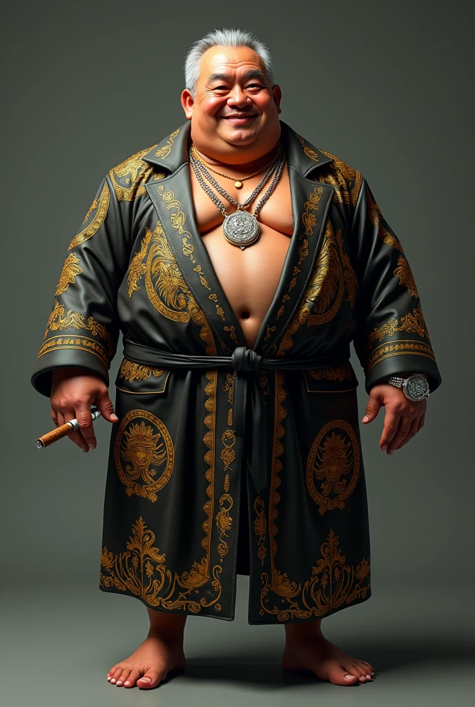(Best quality, 4K, high resolution, masterpiece, ultra-detailed, realistic anatomy, photo-realistic:1.37), 1 male, elderly Asian man, millionaire, crime boss, ((balding, grey hair)), overweight, evil intentions, smirking confidently, ((intricate detail)), super finely detailed hands, ultra finely detailed fingers(((ten fingers))), wearing Versace I ♡ Baroque Bathrobe in red, gold chains, diamond encrusted watch, smoking a fat cigar, (standing casually), (full body showcase), (show full body), (no logos on background), (no logo), ((plain background)), ((plain background)), (((empty background)))