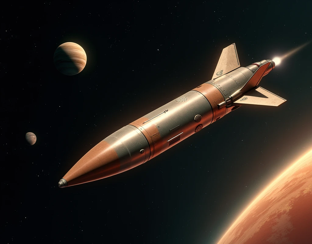create an image of a rocket in space with planets in the background and stars this rocket is on its side traveling with a retro theme