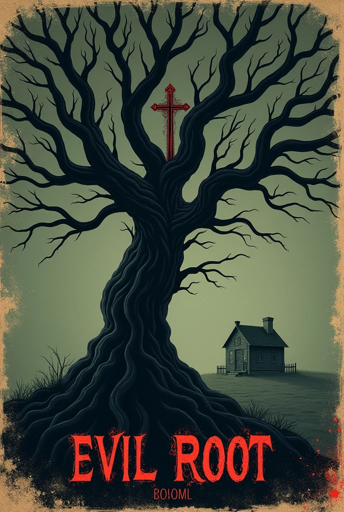 Create a cover for my book which is about horror ,His name is evil root. There has to be a tree, the name evil root and an inverted cross, but make a vintage image and make it a little minimalist, but make it more terrifying. Make it more realistic and less like the name evil root and have a little house nearby, but with the appearance of an old cover and with the name evil root in the middle and with a very haunted appearance, a little more realistic, with the cross stuck in the trunk of the tree with nothing written underneath.
