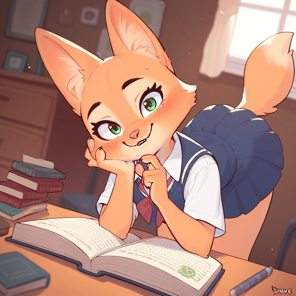 Diane Foxington, , kid, ginger fur, emerald eyes, school uniform, blush, looks at viewer, smiles, indoors, alone, by diives