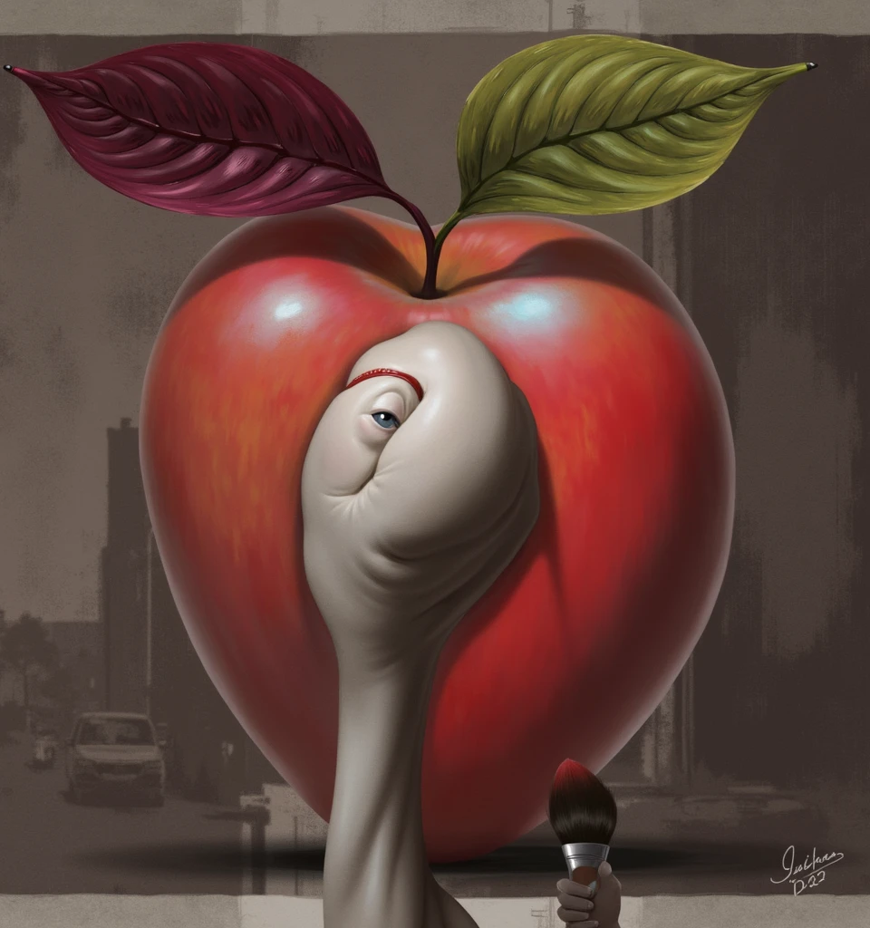 surrealism, an apple in a thong...the hand of the brush on the buttocks spreads the ass!