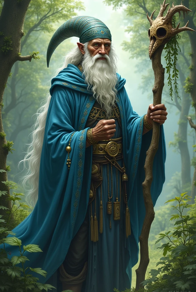 130 year old half-elf. Shaman and Druid. White hair color and brown skin. green eyes. Sky blue clothing, He uses a druidic staff and has a bird skull as a hat.