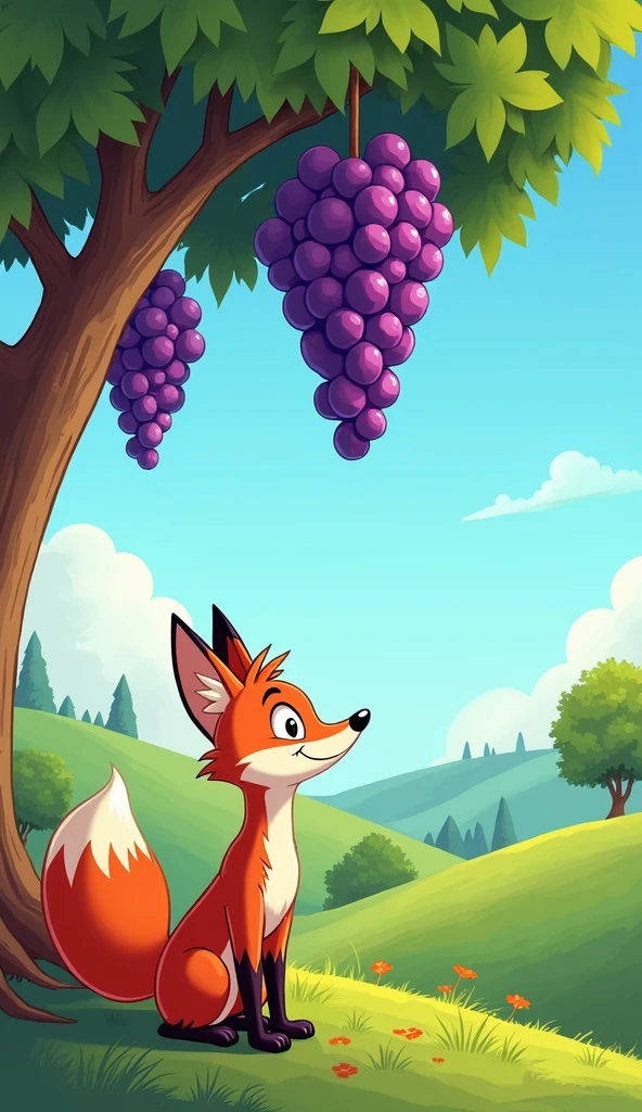 The grapes are too high on a tree and The fox is leaving.
Make as a cartoon
