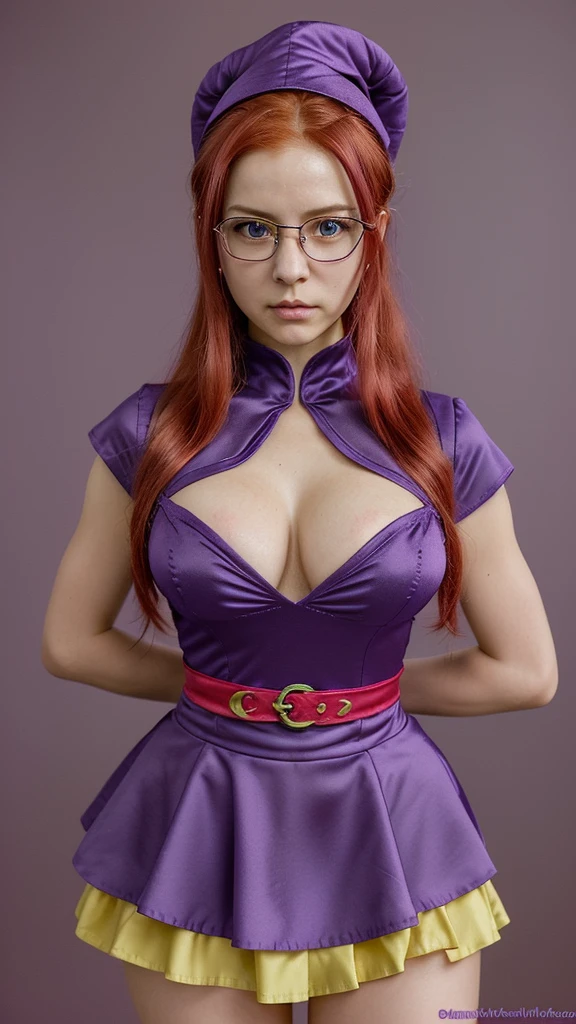 Create a live-action image of the gender-swapped version of Chamoro (Mara) from Dragon Quest VI. The character should have long, flowing red hair, which is entirely covered by a hat in the same purple and yellow color scheme as the outfit. The female version has a larger chest, with the original outfit modified to emphasize this feature. The outfit should be divided evenly into purple and yellow, with each color covering half of the dress. The dress is more form-fitting, with a lower neckline to reveal prominent cleavage and a shorter skirt to highlight her curves. The character should wear glasses and matching purple gloves. The background should reflect the enchanting, magical world of Dragon Quest VI, evoking a sense of fantasy and mystique. The overall look should stay true to the character’s origins, translating it into a realistic, live-action style that highlights her feminine features while maintaining the original color scheme and design of her clothing.