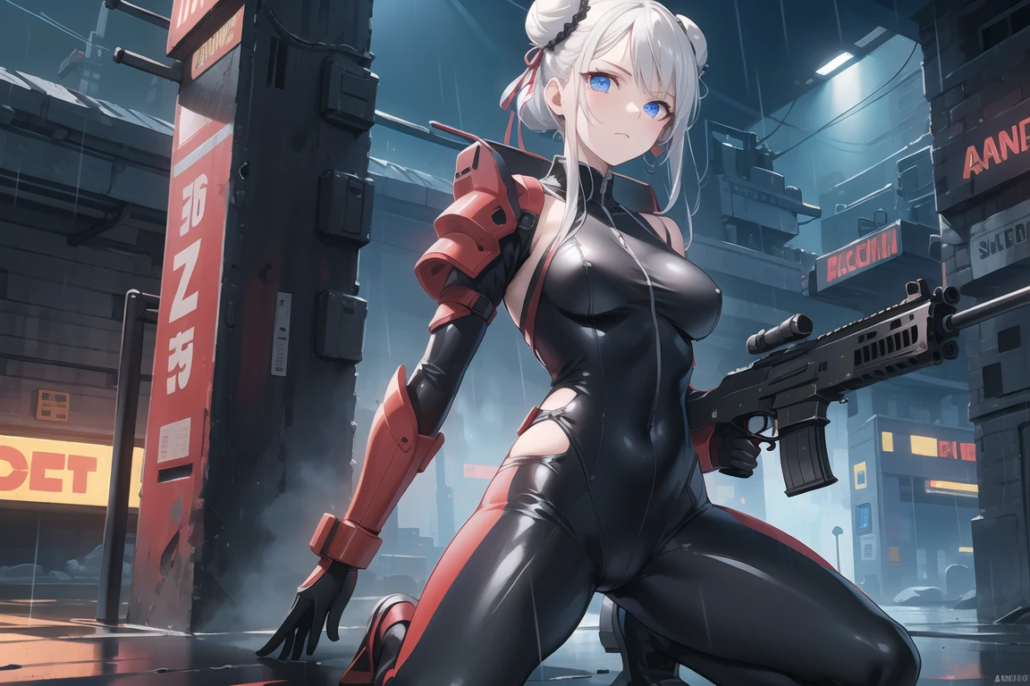 ((masterpiece)), ((best quality)), perfect detailed eyes, perfect detailed face, white hair, double bun, ribbon, (black bodysuit), ((armed shoulders)), armed arms:1.2, sci-fi movie warrior, shiny costume, Cute girl, detailed face, fine details, diffused reflection of light behind, kneeling in the rain, assault rifle, holding rifle
