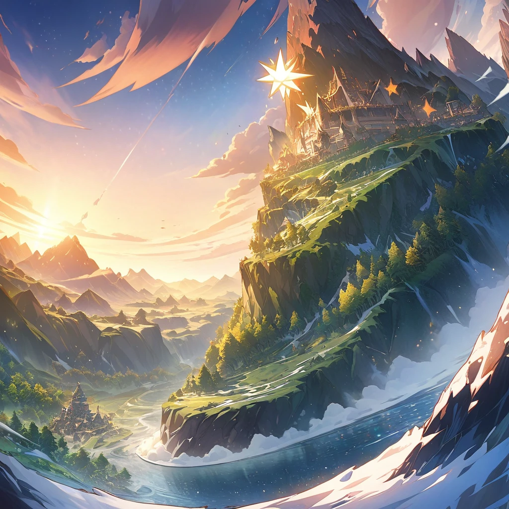 Animagine XL, anime, genshin, detailed illustration, dynamic angle, ultra-detailed, illustration, beautiful illustration, elegant illustration, great landscape, blue sky, giant shining star in the sky, marble castle, walls, sweeping plains, volcano, mountains, snowy mountains, dark swamp, green verdant forest, cliffs, ocean, armies, princess, 