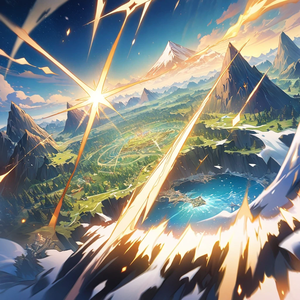 Animagine XL, anime, genshin, detailed illustration, dynamic angle, ultra-detailed, illustration, beautiful illustration, elegant illustration, great landscape, blue sky, giant shining star in the sky, marble castle, walls, sweeping plains, volcano, mountains, snowy mountains, dark swamp, green verdant forest, cliffs, ocean, armies, princess, 