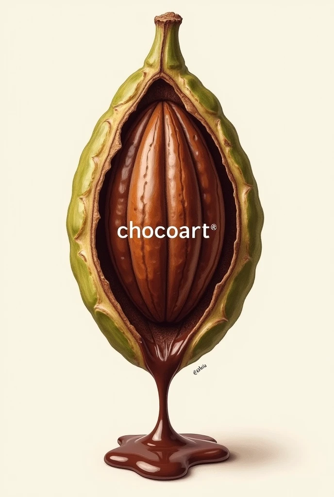 Drawing of a cacao masorca that is turned and that in the middle of the masorca has the name: ChocoArt and from the bottom of the cocoa drip melted chocolate