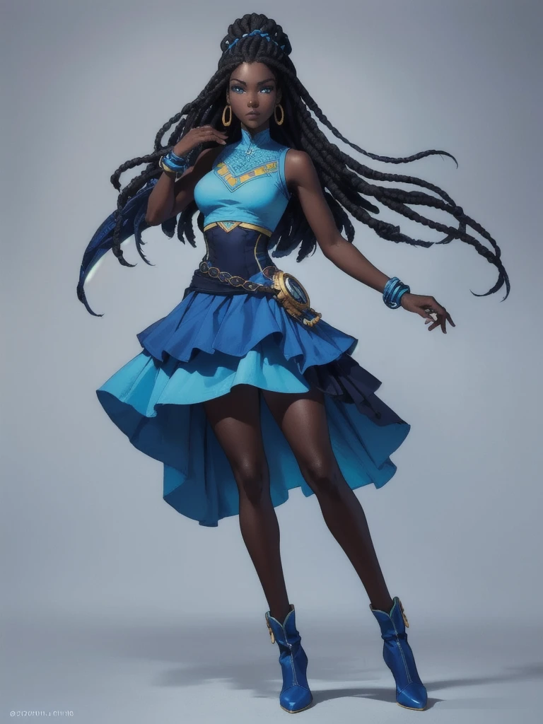 ((best quality)), ((4k)), ((highres)), ((masterpiece:1.2)). ((detailed)), ((ultra realistic)), ((intricate details)), ((full body picture)), ((character design sheet)), ((blank background)), a full body picture of a beautifull ebony female, young black woman, african princess, african model, perfect face, gorgeous face, detailed eyes, detailed lips, ((vivid blue eyes)), about 1, about 5'5 ft. tall, long thin dreadlocks, ((emphasis on her long thin dreadlocks)), dreadlock beads ((emphasis on her dreadlock beads)), athletic body, dressed in a sleeveless blue tank top and a floaty blue ruffle mini skirt ((emphasis on her sleeveless blue tank top and a floaty blue ruffle mini skirt)), dark blue and light blue outfit, ((emphasis on dark blue and light blue outfit)), multi-colored outfit, ((emphasis on multi-colored outfit)), multiple shades of blue dress, ((emphasis on her multiple shades of blue dress)), turquoise outfit, blue boots, princess, african sea goddess character concept, superhero character, superhero concept art, superhero character concept art, full body, full body concept art, full body art, splashes of water in the background