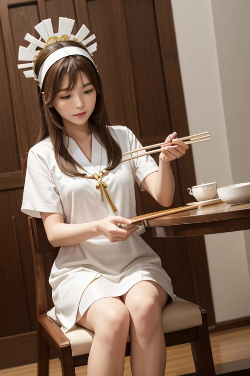 Sit cross-legged on a chair、White woman in tunic。Plate in left hand、Holding chopsticks in his right hand。Laurel wreath on head。front、Shooting from below at an angle。