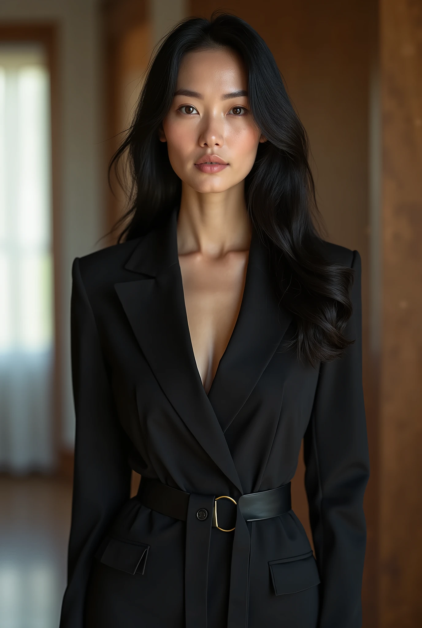 "full-body, Akiko, age 40, mature milf, super sexy, a tall, elegant woman with long, silky black hair cascading over her shoulders, almond-shaped eyes reflecting wisdom in a deep shade of brown, delicate and well-balanced facial features contributing to her beauty, slender figure, posture exuding grace and discipline, typically dressed in sophisticated yet understated clothing, reflecting her composed personality, in a photorealistic image, refined fashion photography style, full body shot, 70mm lens, subtle and elegant lighting, high resolution 8K, capturing her grace, discipline, and understated sophistication (refined fashion photography:1.4), (grace and discipline:1.3), (subtle and elegant lighting:1.2)"