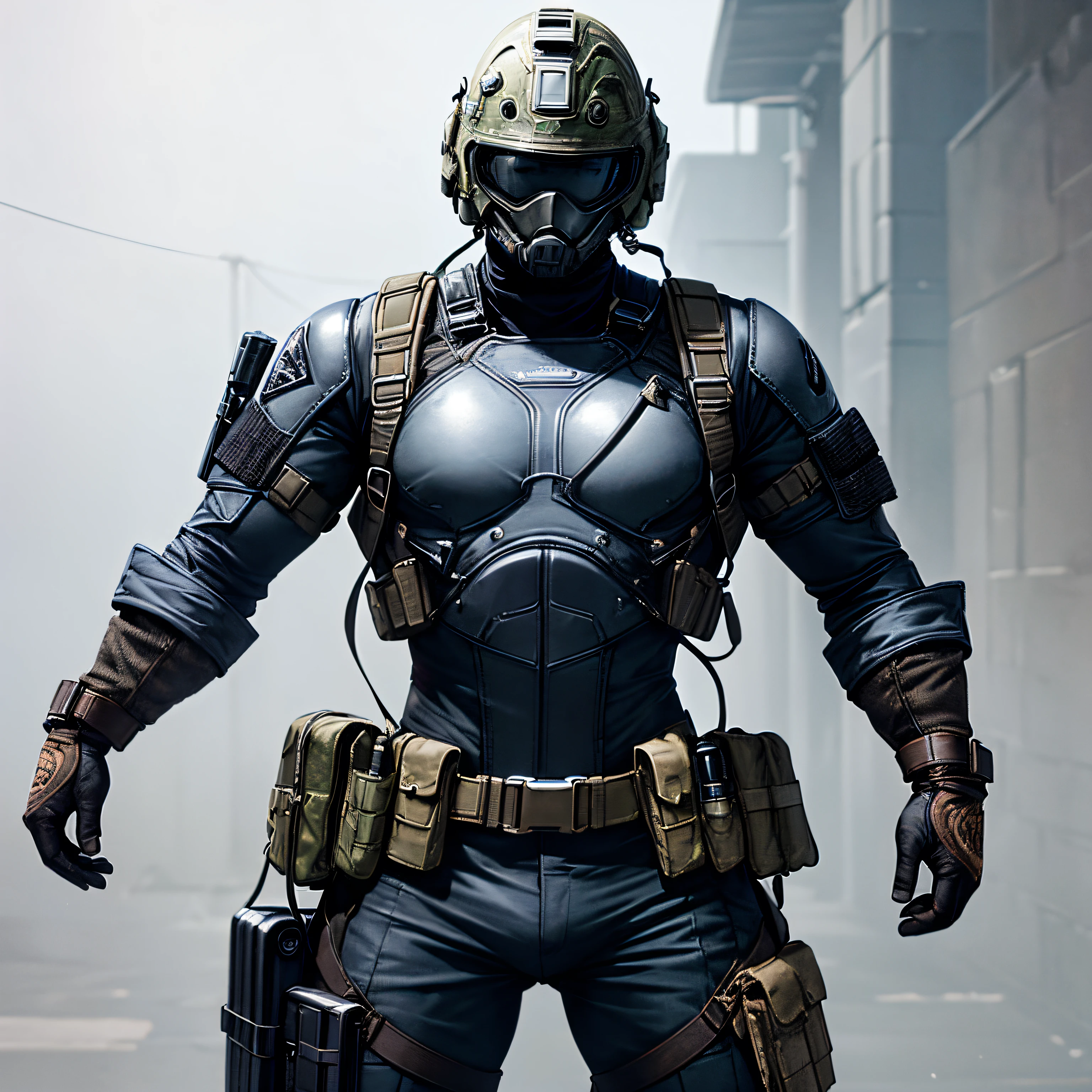 Solid Metal Gear style, (Full face tactical helmet with intricate details:1.3), (with pink hair), cowboy shot, dynamic poses, 1个Girl with giant breasts, standing alone, ray tracing, (Masterpiece artwork), (Best quality at best), (Detailed pubic hair), (Detailed tactical equipment:1.1), (body protective equipment:1.1), combat pants, mitts, (intricate background:1.1),
