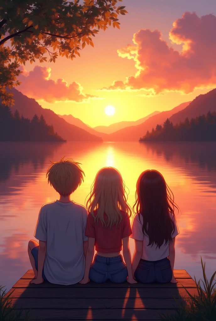 A sunset with orange tones, yellow and pink lake behind a beautiful lake. Accompanied by a blonde teenager with loose hair, a blond teenage BOY, and a teenage girl with brown hair. make them look at the sunset, sitting on the edge of the pier with their backs to the image. menos realista