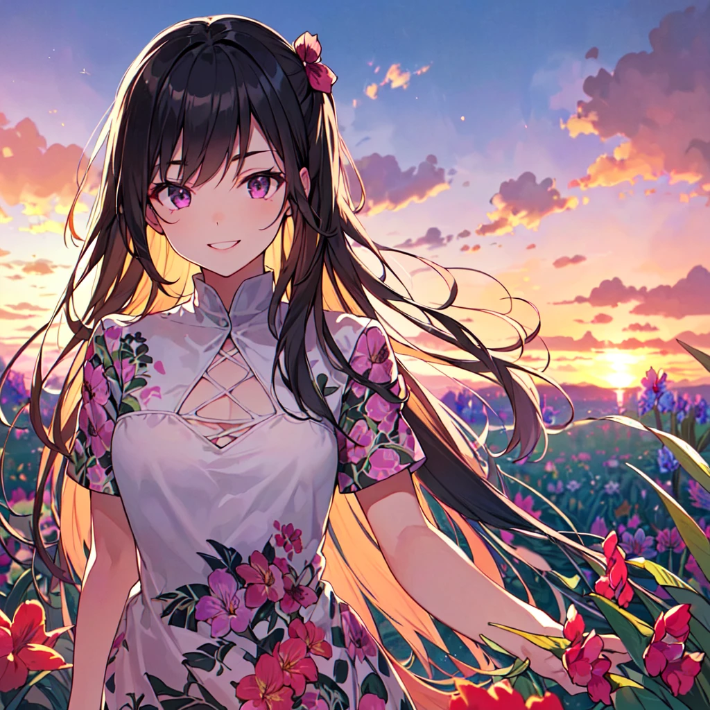 masterpiece, best quality, high quality, extremely detailed, very delicate and beautiful, (1female 18years old Adult alone solo:1.5) , (two-side up long black hair:1.5), bangs to eyebrows, eyes (eyes sharp, strong, glossy, glossy eyebrows), (eye color magenta:1.3), 6.5 head height, (summer dress with canna print:1.3), knee socks,ruffles, (smiling), (walking:1.3), (dynamic pose), (upper body:1.3),(background canna flower field:1.3) , (sunset:1.3)
