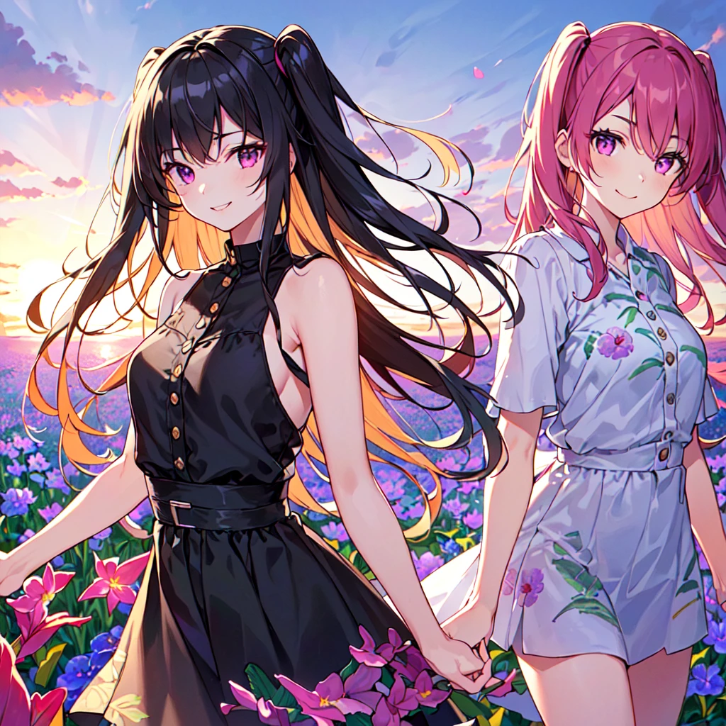 masterpiece, best quality, high quality, extremely detailed, very delicate and beautiful, (1female 18years old Adult alone solo:1.5) , (two-side up long black hair:1.5), bangs to eyebrows, eyes (eyes sharp, strong, glossy, glossy eyebrows), (eye color magenta:1.3), 6.5 head height, (summer dress with canna print:1.3), knee socks,ruffles, (smiling), (walking:1.3), (dynamic pose), (upper body:1.3),(background canna flower field:1.3) , (sunset:1.3)