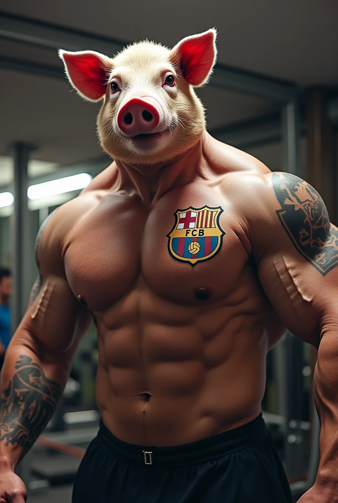 A very strong person in a gym with a pig face (animal) sound. With a tattoo on the chest that is the FC Barcelona shield (Barça) and another one that said I AM GAY