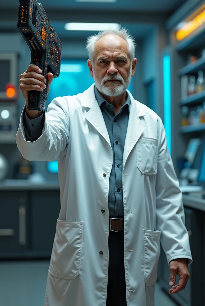 Man in lab coat with nanotechnology weapon capable of transforming into anything, he is older