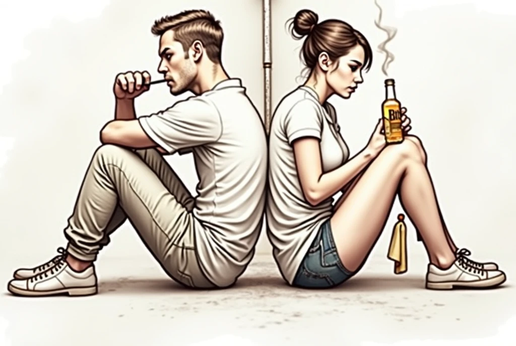 beer label, man sitting on the floor smoking a cigarette, woman sitting on the floor drinking a bottle of whiskey, back to back, Text "BEODOS", real people, They fall in love, realistic image 