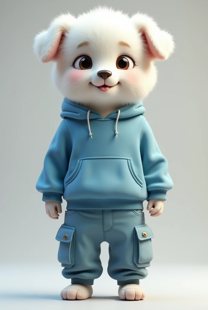 Create a 3D image of a character with a dog head, body, White fur, dressed in a blue sweatshirt and cargo pants