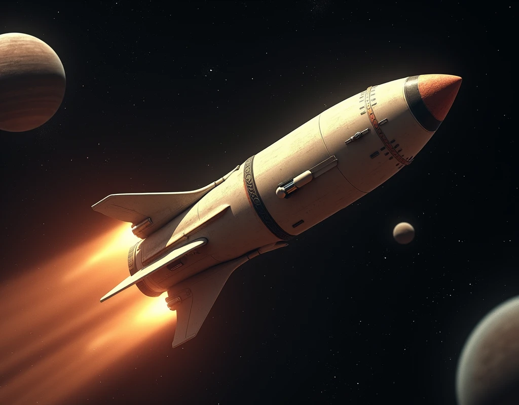 create an image of a rocket in space with planets in the background and stars this rocket is on its side traveling with a retro theme 