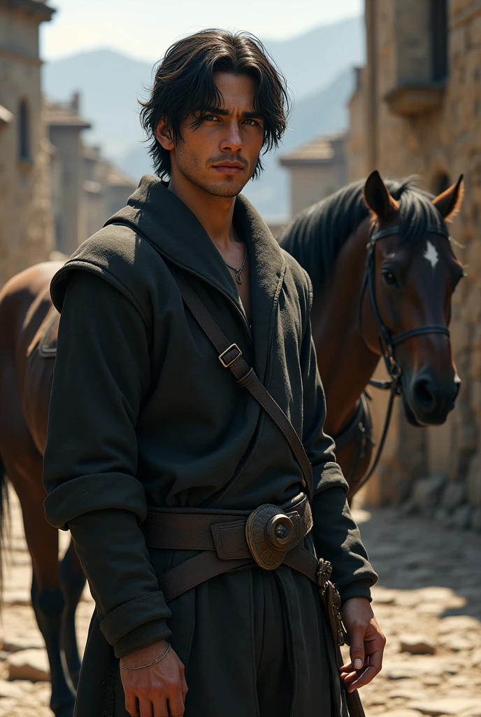 handsome man, medium black hair, age 25, old black clothes, expression would be scenery in the background of an ancient city. He is standing next to a horse.