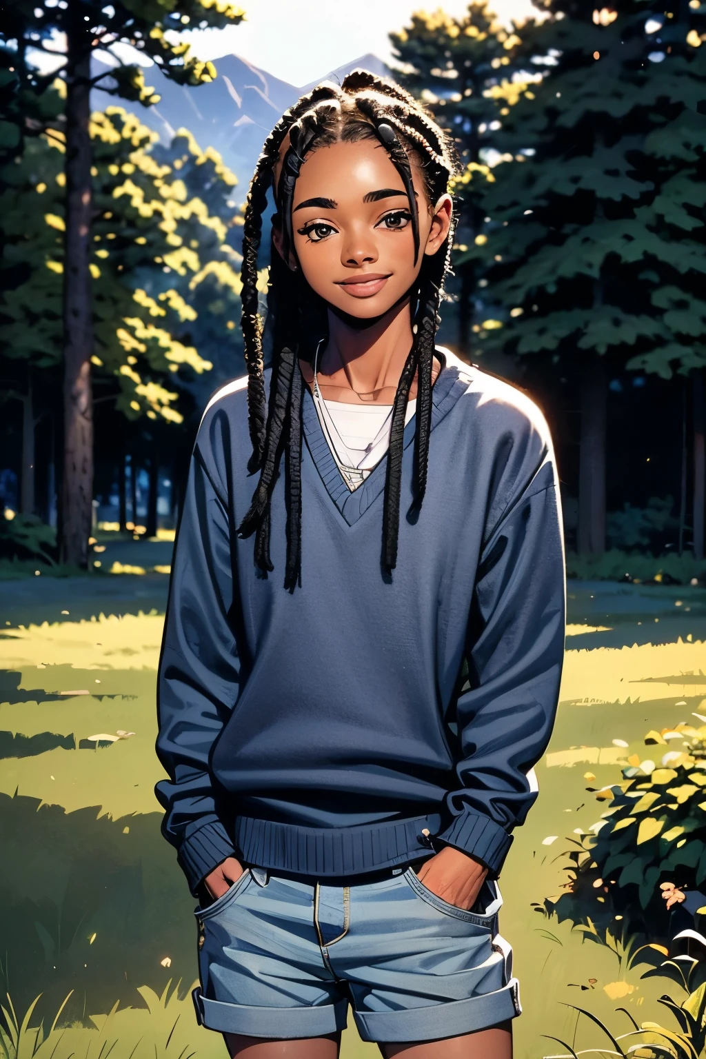 a young black boy wearing a blue sweater and gray shorts, cute expression, detailed facial features, cute smile, looking at camera, outdoor forest background, natural lighting, detailed textures, realistic, photorealistic, highly detailed, 8k, best quality, masterpiece