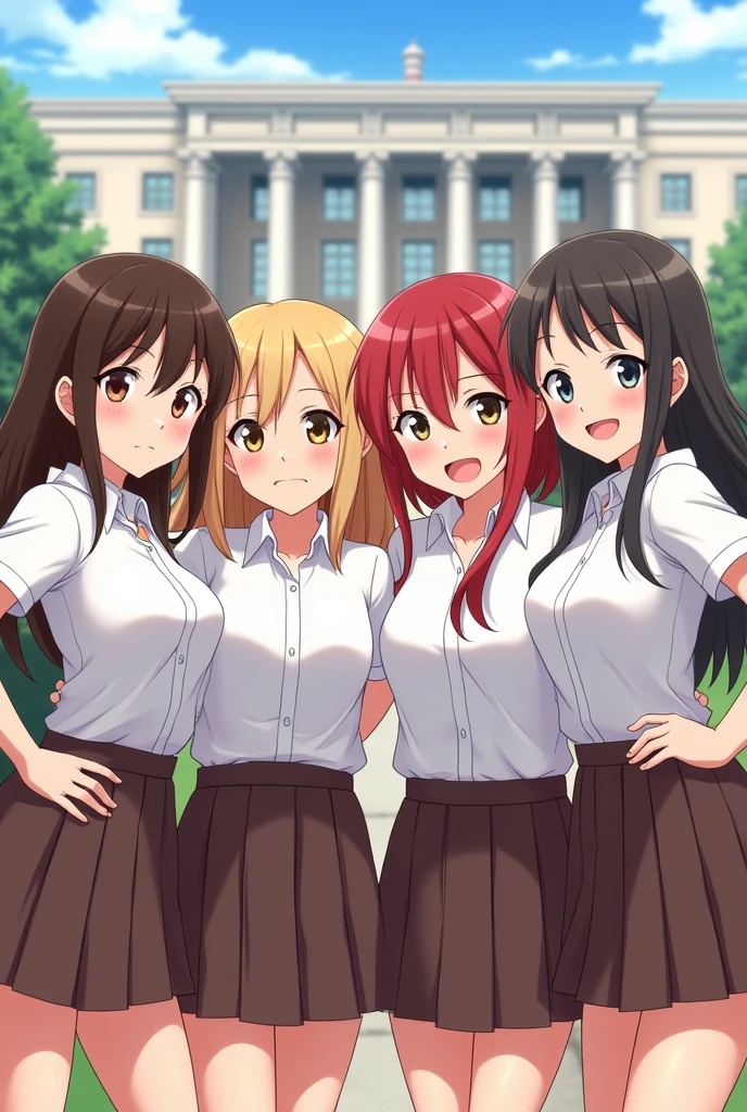 A group of four different schoolgirls in white shirts and brown skirts, with hair of different lengths, (brown-haired, blonde, redhead and brunette), hugging each other's shoulders and smiling, in a row, against the backdrop of the academy building