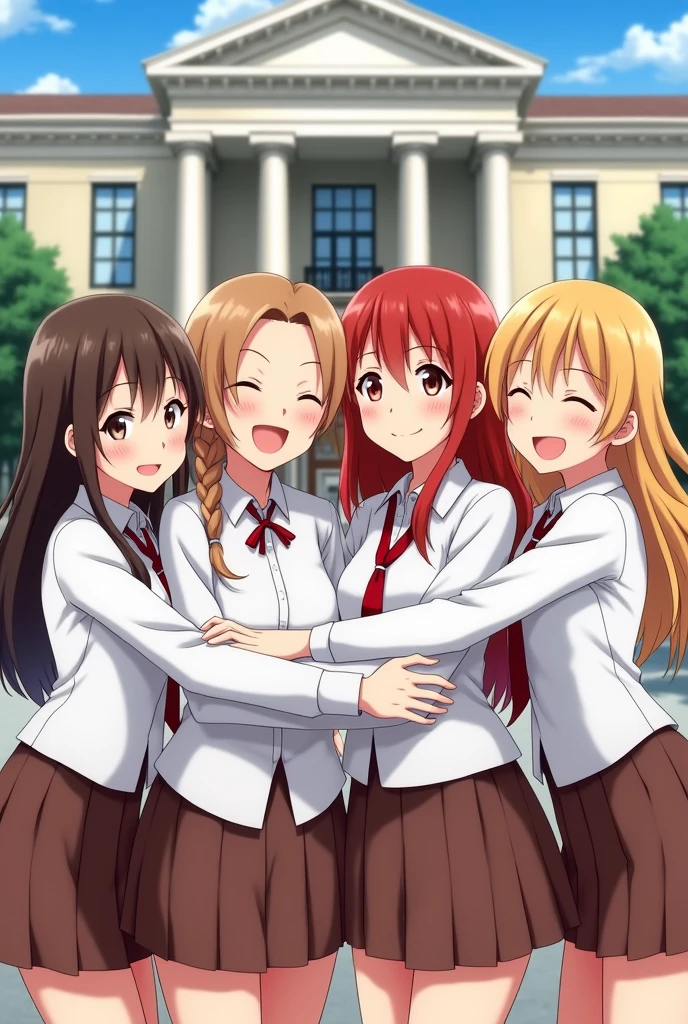 A group of four different schoolgirls in white shirts and brown skirts, with hair of different lengths, (brown-haired, blonde, redhead and brunette), hugging each other's shoulders and smiling, in a row, against the backdrop of the academy building