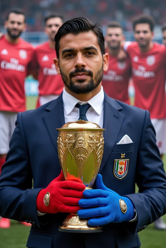 chivas player el Fofó bautista holding the mx cup in his hands with one red glove and the other blue and the classic chivas suit, and the background of the image is a photo of the team