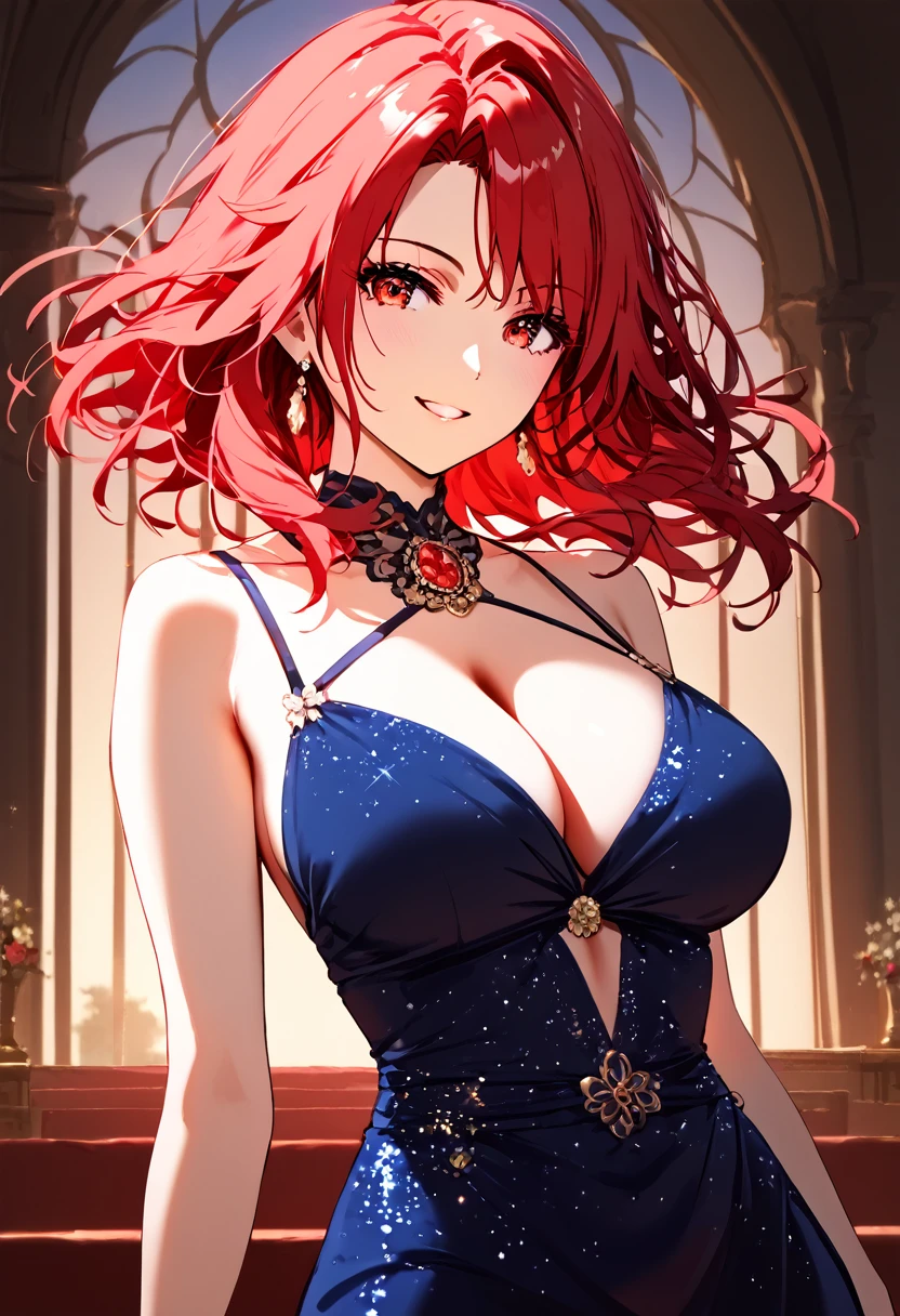 score_9, score_8_up, score_7_up, score_6_up, source_anime, beautiful girl, iris midgar, red hair, red eyes, well endowed body, wide hips, black tulle evening gown, lycoris radiata patterns on clothing, attractive appeareance, smile, provocative demeanor, perfect face, detailed eyes, perfect anatomy, ballroom