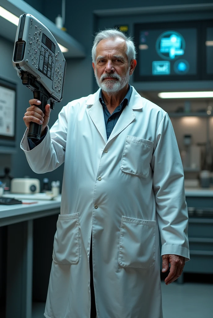 Man in lab coat with nanotechnology weapon capable of transforming into anything, he is older