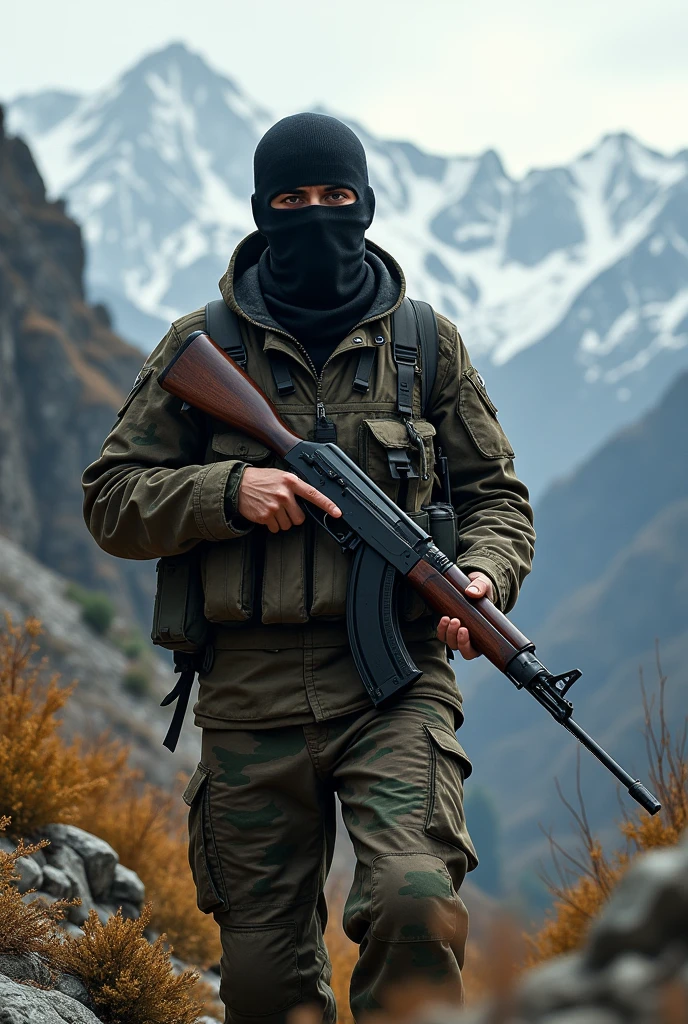 PKK Guerrilla in the Mountains with Kalashnikovs in Their Hands and Masks on Their Faces