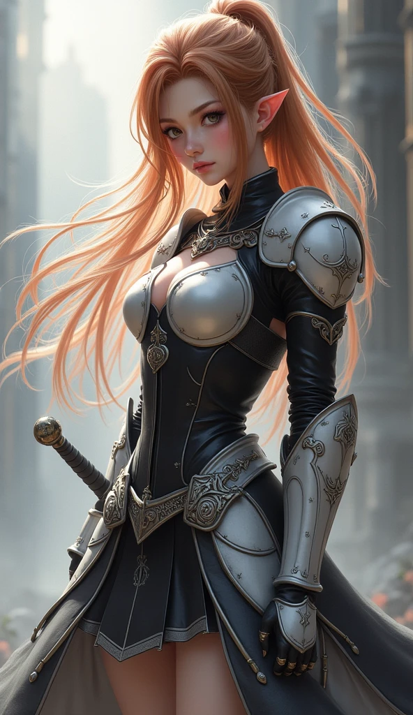 game「Final Fantasy」Theme. Image of a bronze-haired girl standing with her favorite sword, Wearing black and white light armor, pastel colour, Dramatic Tone. Highest resolution masterpiece , Image Type Surreal
