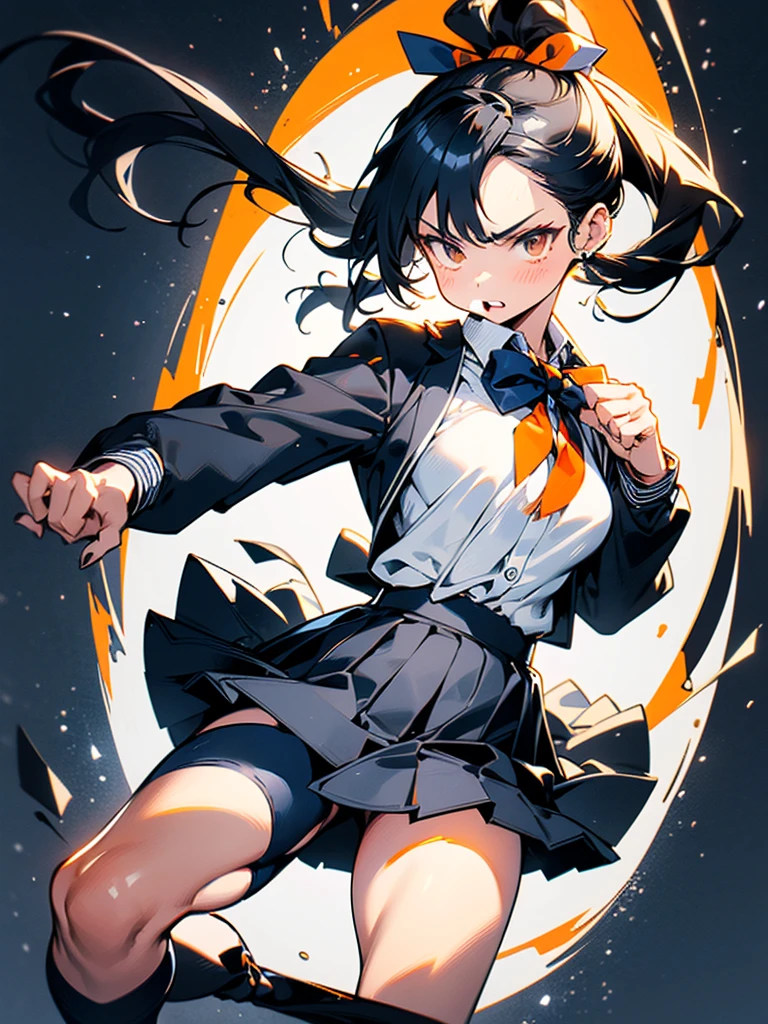 one person, Karate Stance,High Kick,Black Hair, ponytail, Slim body,Small breasts,Bad mood, Slanted Eyes, Character profile, high school student,Navy blue blazer,White blouse,Orange bow ribbon tie,Grey below-the-knee skirt,Vanishing Point, Ultra Wide Angle, Japanese illustration style, 