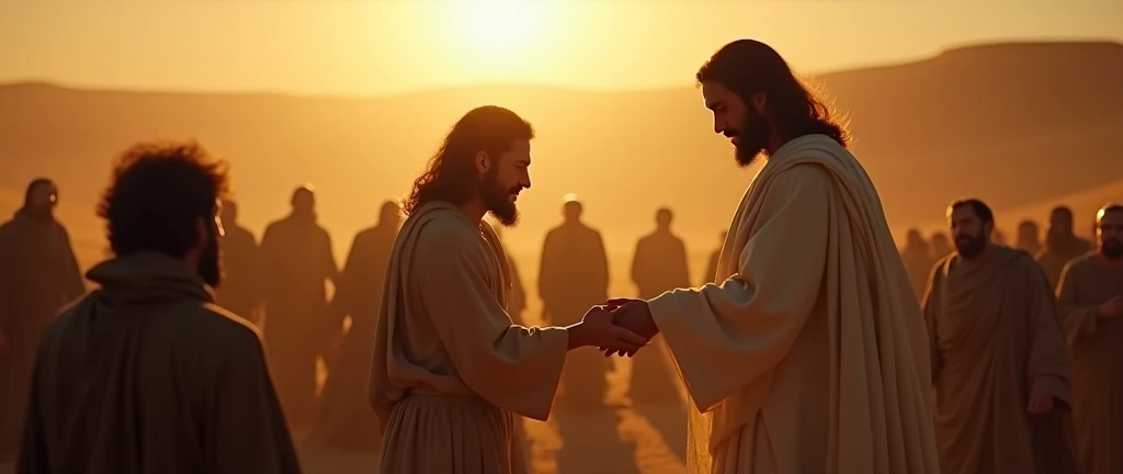 a man in a desert landscape, crowd around him, ((Jesus Christ touching and healing the sick man with his hands)), divine aura, heavenly spolight upon Jesus, detailed figures, dramatic lighting, golden hour, muted colors, cinematic composition, photorealistic, masterpiece, ((ultra-detailed, highly realistic, dramatic atmosphere)), volumetric lighting, glowing aura around the figures, chiaroscuro lighting, intricate folds in the clothing, sem colar, sem jóias olhar azul, misericordioso, cena maravilhosa