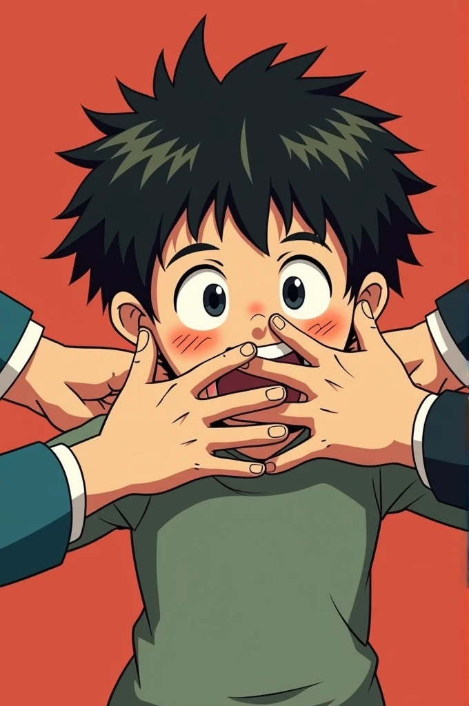 A boy who was escaping is caught by two hands, they grab him tightly, covering her mouth and grabbing her arm, in retro anime style