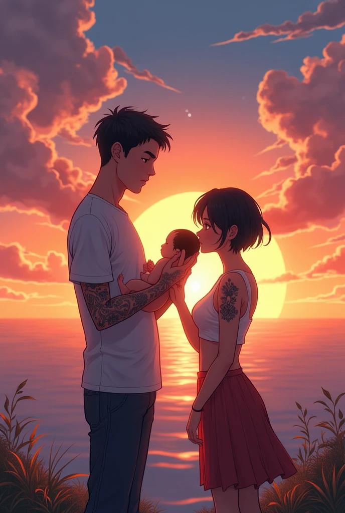 a couple of a short black haired woman of medium height with tattoos, with a tall, skinny man with short hair and a baby, watching a sunset in silver anime style