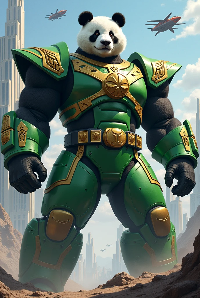 A Giant Panda dressed as a Green Power Ranger with the Dragon Zord