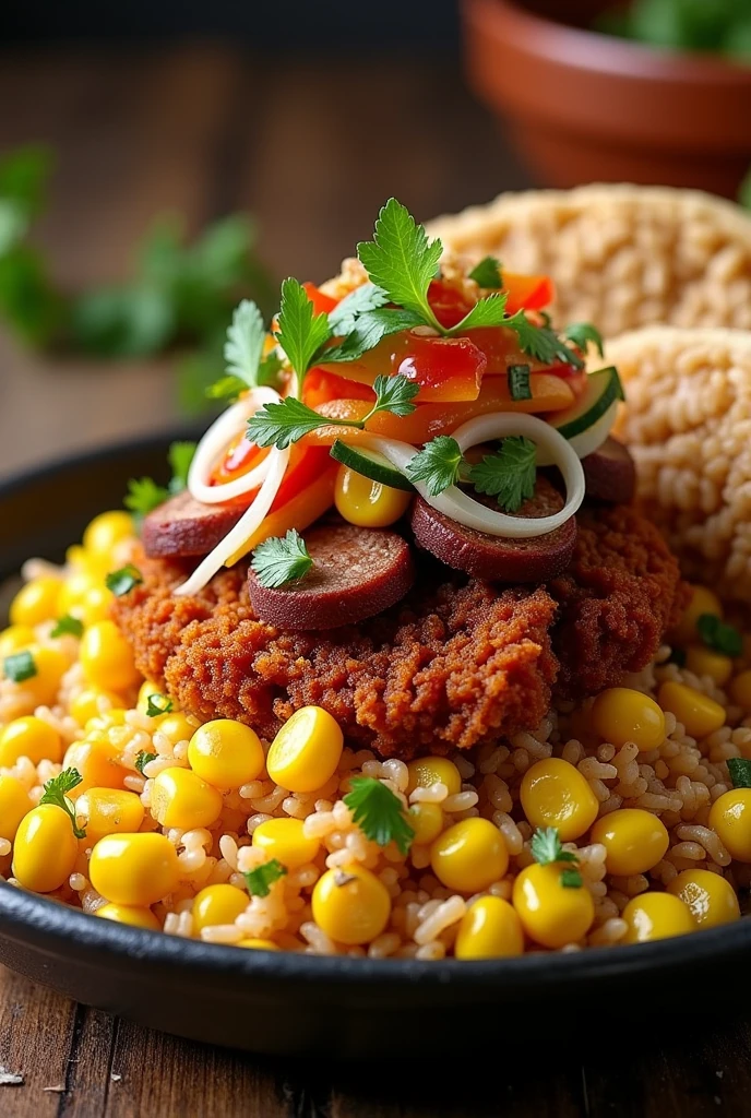 Paisa rice, with corn, crackling, meat, chorizo, arepa(mixed)