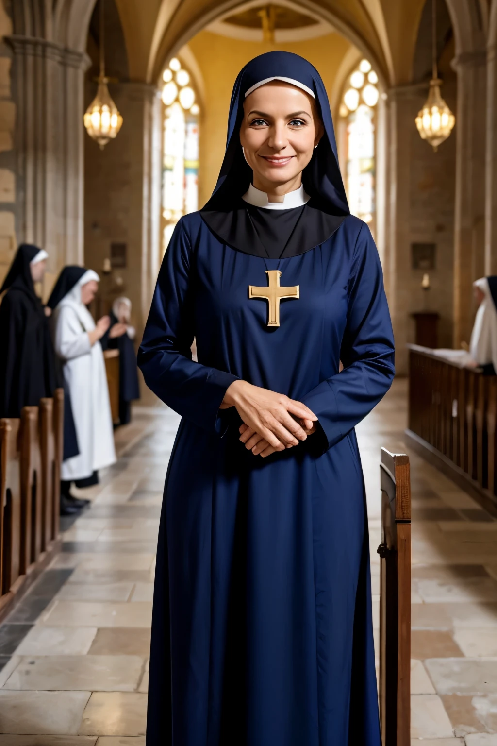 Mature Italian Woman、Blonde Hair、Blue Eyes、smile、Slim body、Monastic uniform、Nuns、Standing before the cross、In the church