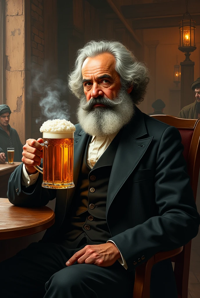 Create a drawing of Karl Marx with a beer mug