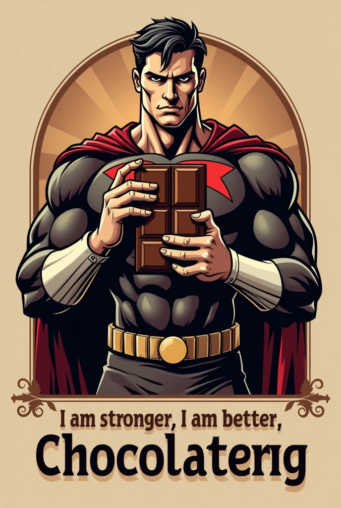 Create a logo for my chocolate company with the character of the Boys Homelander holding the Chocolate in a classic style and that has a text that says "I am stronger I am better " and after the text put the name of my company "Chocolateing"