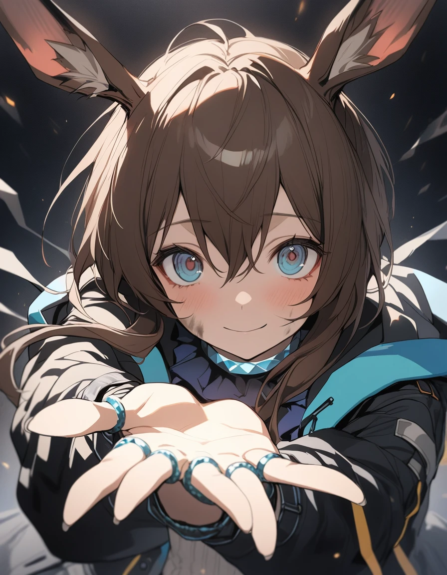 One person, Amiya \(Arknights\), Arknights, Dirty Face, Outstretched Hand, close, Movie angle, Shorthand, dark, dark background, masterpiece, Highest quality
