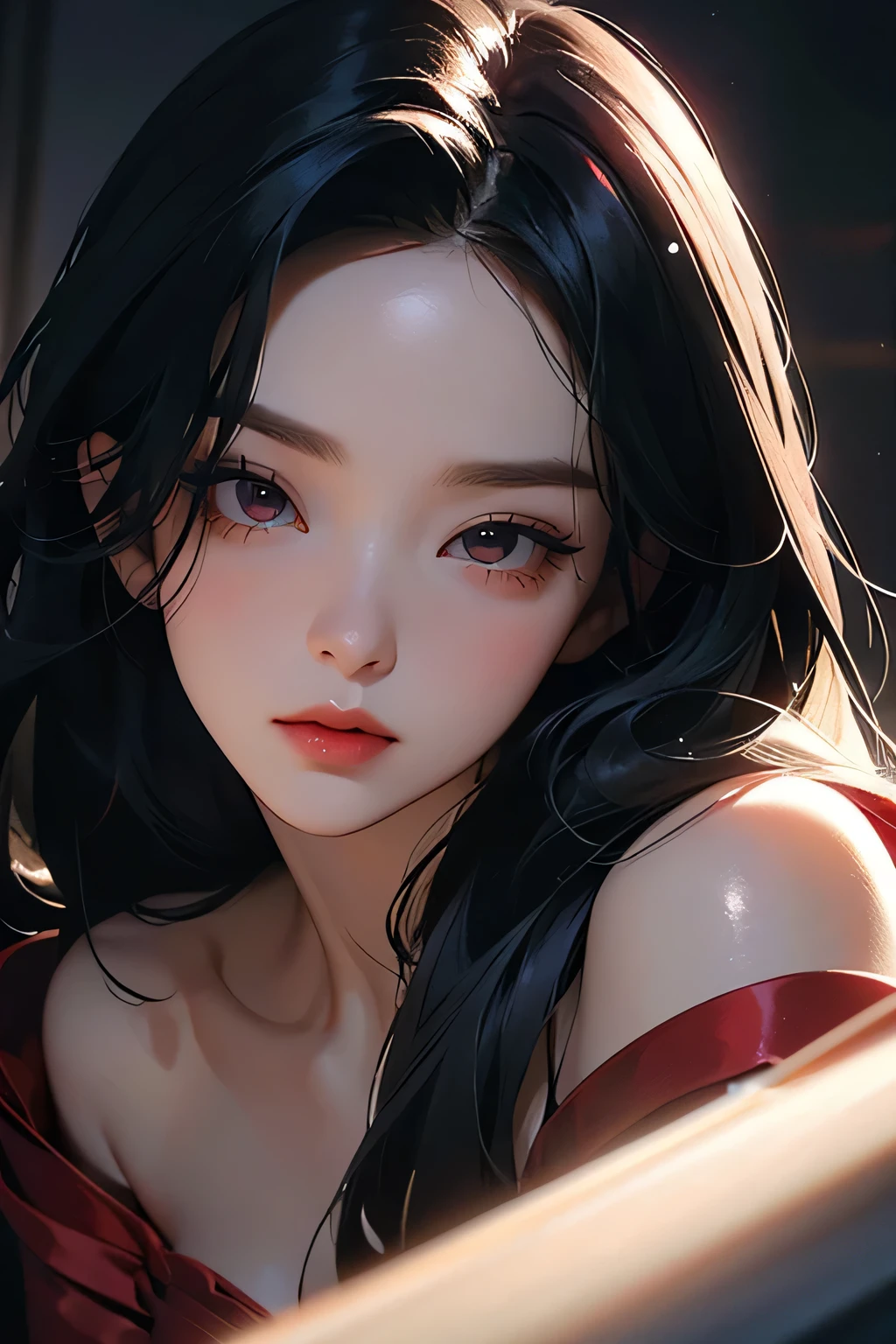 Bae Irene, red satin dress, long black hair, beautiful detailed eyes, beautiful detailed lips, extremely detailed face, longeyelashes, elegant pose, dramatic lighting, cinematic, chiaroscuro, dramatic shadows, muted colors, moody, atmospheric, photorealistic, 8k, best quality, masterpiece