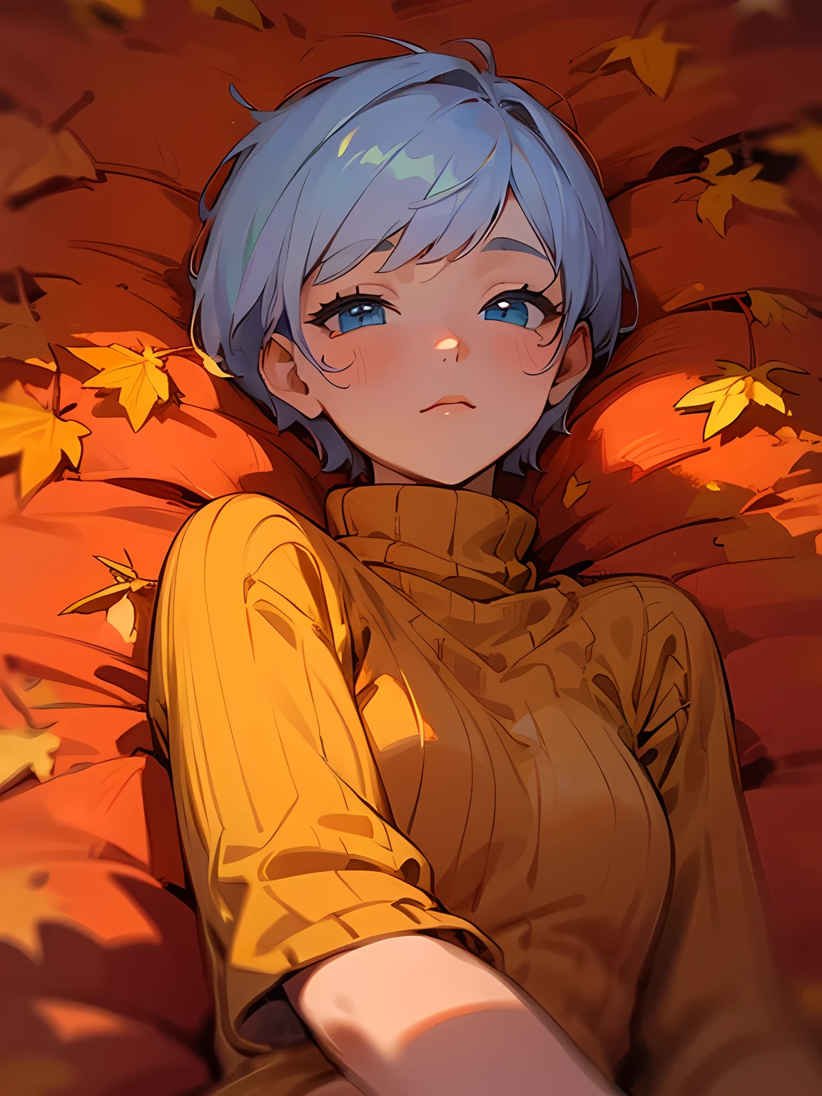 solo,pastel blue short pixie cut,cute face,water blueeyes,wearing a mustard red knitted sweater lying on a bed of autumn leaves. The leaves in the background are a mix of red , red and red tones, suggesting the fall season.